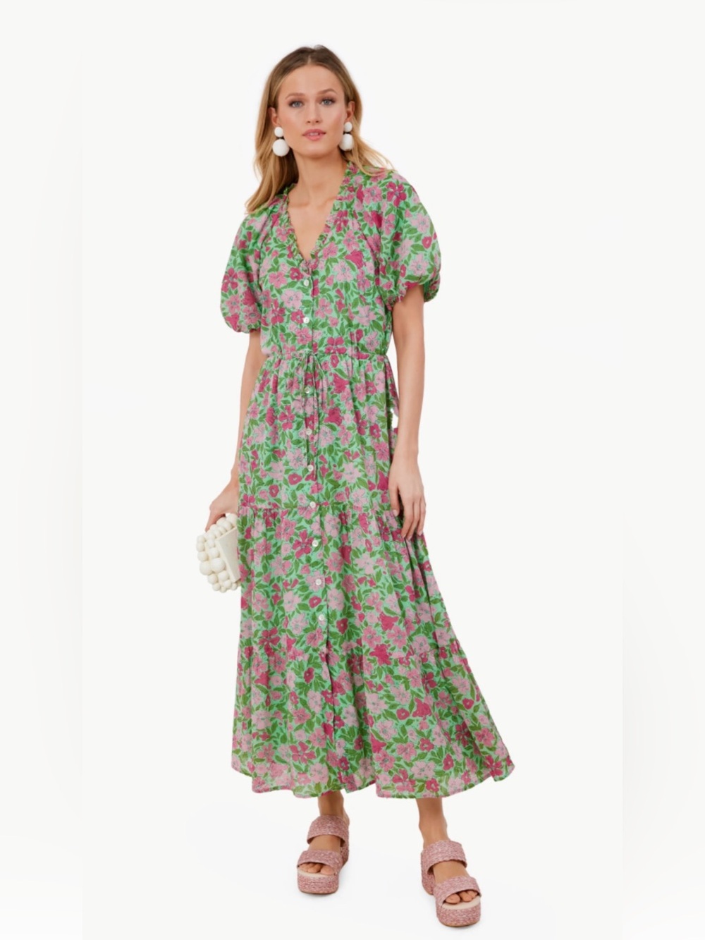 Banjanan Green and Pink Floral Puff-Sleeve Maxi Dress